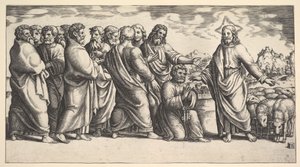 A bal oldalon álló Krisztus egy juhnyájra mutat, előtte térdel Szent Péter hol..., 1530-60. alkotó: Master of the Die