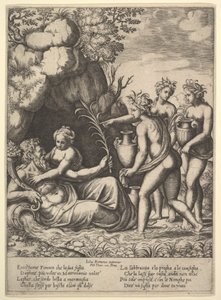 Daphne apját, Peneust folyóistent ölelve balra három nimfa tégelyt hoz..., 1530-60.
