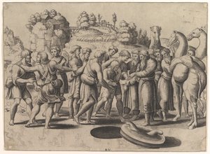 Józsefet középen egy kút fölött álló testvérei árulják, jobbra tevék, 1533. alkotó: Master of the Die