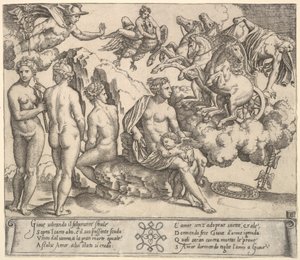Jobbra lovaskocsiról zuhanó Jupiter, Ganymedes sas alakban..., 1530-60. alkotó: Master of the Die