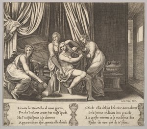 10. tábla: nimfák segítik Psychét a haja felöltöztetésében, a Psyche meséjéből, 1530-60. alkotó: Master of the Die