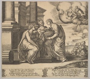 11. tábla: Psyche ajándékokat ad nővéreinek, „A psziché meséjéből”, 1530-60. alkotó: Master of the Die