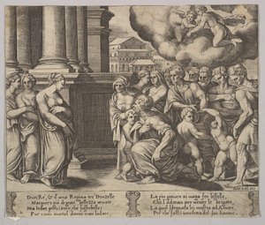 2. tábla: a Psychének isteni tiszteletet adó emberek, a Psyché meséjéből, 1530-60. alkotó: Master of the Die