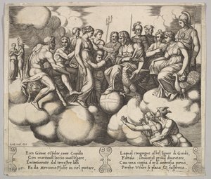30. tábla: Vénusz és Ámor ügyüket könyörögve Jupiter és más istenek jelenlétében..., 1530-60. alkotó: Master of the Die
