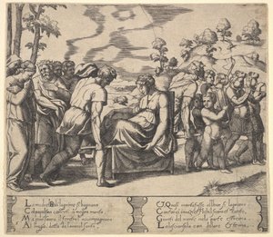5. tábla: Psyche hordott egy almot, az „Ámor és psziché meséjéből”, 1530-60. alkotó: Master of the Die