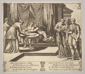 8. tábla: Asztalnál ülő psziché, akit láthatatlan szolgák kísérnek, Eros a g... mellett, 1530-60. alkotó: Master of the Die