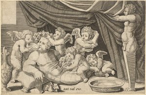 Római nagyszerűség tükre: Bacchus Puttival körülvéve Priapus kezével ..., 16. század. alkotó: Master of the Die