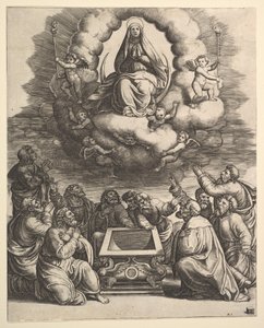 Szűz mennybemenetele, alatta az apostolok veszik körül a sírt, 1530-60. alkotó: Master of the Die