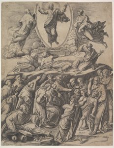 A felső középpontban megjelenő Krisztus színeváltozása, alatta különböző alakok, köztük..., 1530-60. alkotó: Master of the Die
