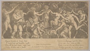 Áldozat Priapusnak, aki szobor formájában a közepén, Bacchus és egy sa..., 1530-60.