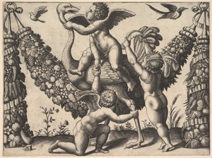 Három putti egy nagy füzér előtt, a középső struccot lovagol, egy ..., kb. 1530-40. alkotó: Master of the Die