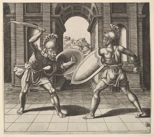 Két gladiátor harcol egy boltív előtt, 1530-60. alkotó: Master of the Die