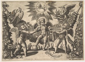 Két putti arannyal teli poharat ajándékoz egy puttónak a gazdagság istenének képében..., kb. 1530-40. alkotó: Master of the Die
