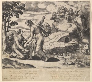 Vénusz megparancsolja Psichének, hogy vegyen vizet egy sárkányok által őrzött szökőkútból, a „Fable...”-ból, 1530-60. alkotó: Master of the Die