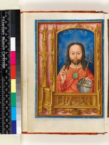 Megvilágított kézirat. Órák könyve, folios 13 verso: Salve sancta facies, Krisztus mint Salvator mundi gömböt és áldást tartó, építészeti határ a szentekkel a fülkékben és Szent Veronika a Verniclusszal, 1510