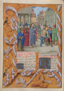 Temporale (1. rész: Advent első vasárnapjától Nagyszombatig). Krisztus kiűz egy néma ördögöt (böjt harmadik vasárnapja). Szegély és két oszlopnyi szöveg, kezdőbetűkkel.