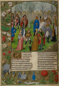 Carolle a kertben. A szeretőt meghívják, hogy táncoljon a Sir Mirth és Lady Gladness által vezetett párokkal a "Le Roman de la Rose"-ból.