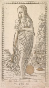 Calliope a Tarocchi D sorozatból: Apollo and the Muses, 11. szám, 1467 előtt. alkotó: Master of the E Series Tarocchi