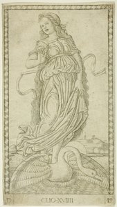Clio, tizenkilences tányér az Apollo and the Muses-tól alkotó: Master of the E Series Tarocchi
