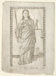 Justice from the Tarocchi, B sorozat: Cosmic Principles & Virtues, 37. szám, 1467 előtt. alkotó: Master of the E Series Tarocchi