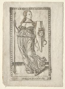 Filozófia a Tarocchiból, C sorozat: Liberal Arts, 28. szám, 1467 előtt. alkotó: Master of the E Series Tarocchi