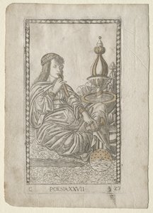 Költészet a Tarocchiból, C sorozat: Liberal Arts, 27. szám, 1467 előtt. alkotó: Master of the E Series Tarocchi