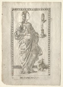 Prudence from the Tarocchi, B sorozat: Cosmic Principles & Virtues, 35. szám, 1467 előtt. alkotó: Master of the E Series Tarocchi