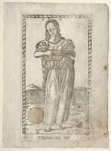 Terpsichore tánc és dal a Tarocchi D... sorozatból, 1467 előtt. alkotó: Master of the E Series Tarocchi
