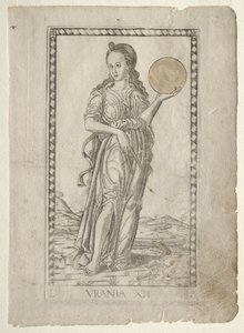 Uránia (csillagászat) (a D: Apollo and the Muses, 12. számú Tarocchi sorozatból) alkotó: Master of the E-Series Tarocchi