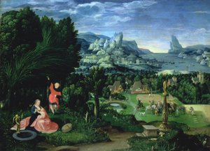 A pihenés az egyiptomi repülésben, Joachim Patinir (fl.1515-25) által festett tájkép (panel)