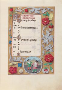 Izabella katolikus királyné, spanyol királynő órái: Fol. 11r, október, c. 1500. alkotó: Master of the First Prayerbook of Maximillian
