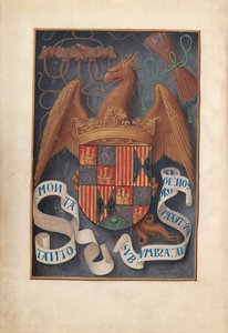 Izabella katolikus királyné, spanyol királynő órái: Fol. 1v, Isabel la Católica fegyverei és mottói
