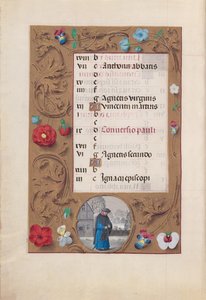 Izabella katolikus királyné, spanyol királynő órái: Fol. 2v, január - Havas táj, c. 1500. alkotó: Master of the First Prayerbook of Maximillian