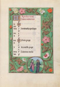 Izabella katolikus királyné, spanyol királynő órái: Fol. 5r, április - Squire és Damsel, c. 1500. alkotó: Master of the First Prayerbook of Maximillian