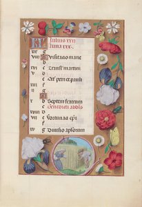 Izabella katolikus királyné, spanyol királynő órái: Fol. 8r, július - Búza aratása, c. 1500. alkotó: Master of the First Prayerbook of Maximillian