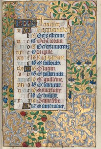 Órakönyv Rouen használata: fol. 1r, Kidolgozott foltos szegély, c. 1470. alkotó: Master of the Geneva Latini