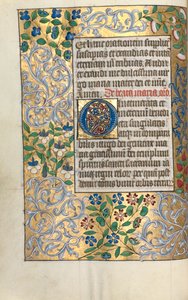 Órakönyv Rouen használata: fol. 22v, nagy kezdeti O kidolgozott szegéllyel, c. 1470.