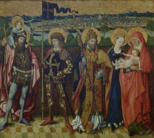 Szent Anna, a Szűz és a Gyermek, Szent Kristóf, Szent Gereon és Szent Péter egy tájban, Köln és a Hét domb bemutatásával, 1460-80 körül (tölgy)