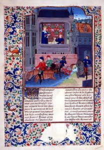Add.35323 fol.156v Ruggiero és társai átlovagolnak a folyón, a „Decameron” X. könyvének 1. fejezetéből 1475 körül (vellum)