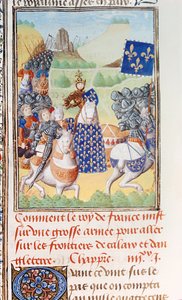 Harley 4380 fol.196v VI. Károly francia király (1366-1422) egy expedíciót vezet Calais ellen Jean Froissart (kb. 1333-1404) „Froissart krónikái” IV. kötetének 2. részéből (vellum)