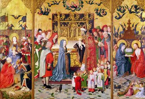 A Szűz hét örömének oltárképe, amely a mágusok imádását, a templomi bemutatást és a Máriának megjelenő Krisztust ábrázolja, 1480 körül alkotó: Master of the Holy Family