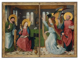 Az Angyali üdvözlet, Szent Bertalan és Péterrel, egy oltárkép két szárnya alkotó: Master of the Holy Kinship