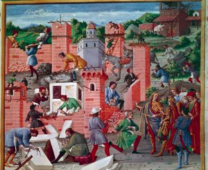 Róma városának építése. Romulus és Remus ikrek felkeresik a helyszínt (munkaellenőrzés és előzetes munka). A munkások aktívak a feladatban: Maconok, Kőszabók, hordozók, márvány és cement (cement előkészítés) dolgoznak. Miniatűr a „” Romuleonban. alkotó: Master of the Innocent III missal