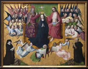 Mária megkoronázása. A Szentháromság ábrázolása: Isten, Jézus Krisztus és a Szentlélek galambja (Szentlélek). A lyversbergeri szenvedély mesterének festménye (aktív 1460-1490), olaj, fa, 15. század eleji német művészet. München, Alte alkotó: Master of the Lyversberg Passion