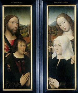 Triptichon két szárnya az adományozóval, Thomas Isaacq-val, Szent Tamás kíséretében (bal, külső szárny), és az adományozó felesége Szent Margit kíséretében (jobbra, külső szárny) alkotó: Master of the Magdalen Legend