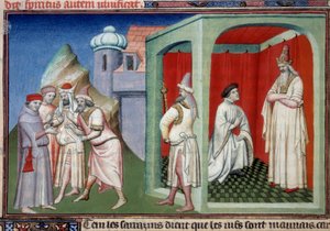 Mandeville János és a szultán. A keresztények és a muszlimok közötti vita, amelyet Jean de Mandeville, liege-i felfedező (1300-1372) és a szaracének szultánja képvisel. Miniatűr a „” A világ csodáinak könyvében”” Ms. 2810 Folio 175v. Kézirat
