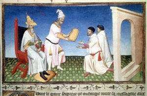 Marco és Mattia Polo adományokat kapott Kubilay Khantól, - Marco Polo (1254-1324) miniatűrje a „Csodák könyvéből”” („” Devisement of the World”, „Il Milione”) (Ms. 2810) , Folio 3v) a Mazarin mestere által megvilágított, 1410-1412 körül
