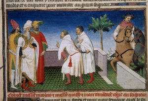 Matteo és Niccolo, a Polo testvérek conge-ot kérnek a Qubilai-tól (Kubilai kán, a mongol Yuan-dinasztia első császára (1215-1294) A miniatűr a „” Csodák könyvéből”” („” A világ elhajlása”). , „” Il Milione””) Ms. 2820 folio 6. Enlu