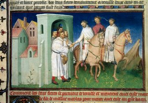Matteo és Niccolo, a Polo fivérek elhagyják Velencét. Marco Polo (1254-1324) (1254-1324) (Ms. 2810, Folio 4) miniatűrje a világ mestere által megvilágított „” Csodák könyvéből” („” Devisement of the World”, „Il Milione”). Mazarin, 1410-1412 körül. BN,