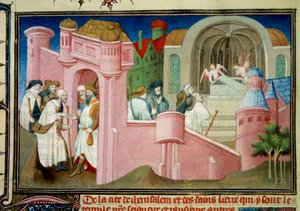 A zarándokok meglátogatják a jeruzsálemi Szent Sír templomot és Krisztus sírját. Miniatűr Boli Vilmos „Liber de quibusdam ultramarinis partibus et praecipue de Terra sancta”